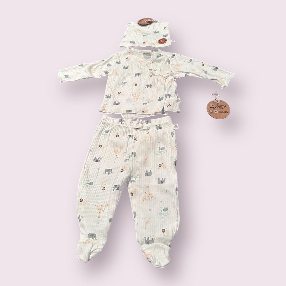 NWT Blueberry Organics Footed Pant, Cardigan And Hat Set Animal Print 3-6 Mon